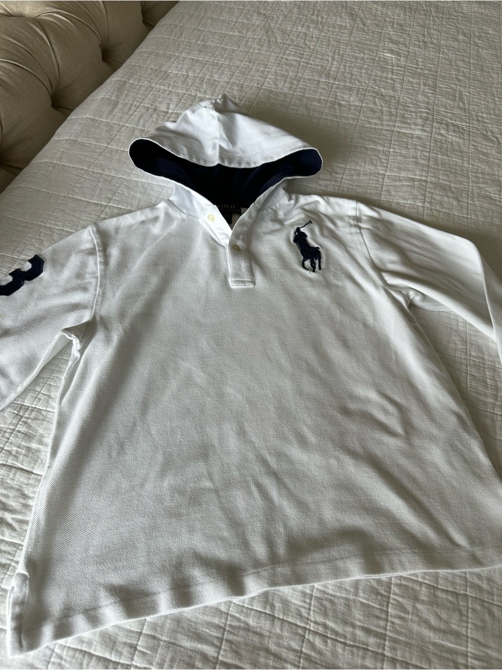 Ralph Lauren White Long Sleeve Polo Hoodie with navy Logo